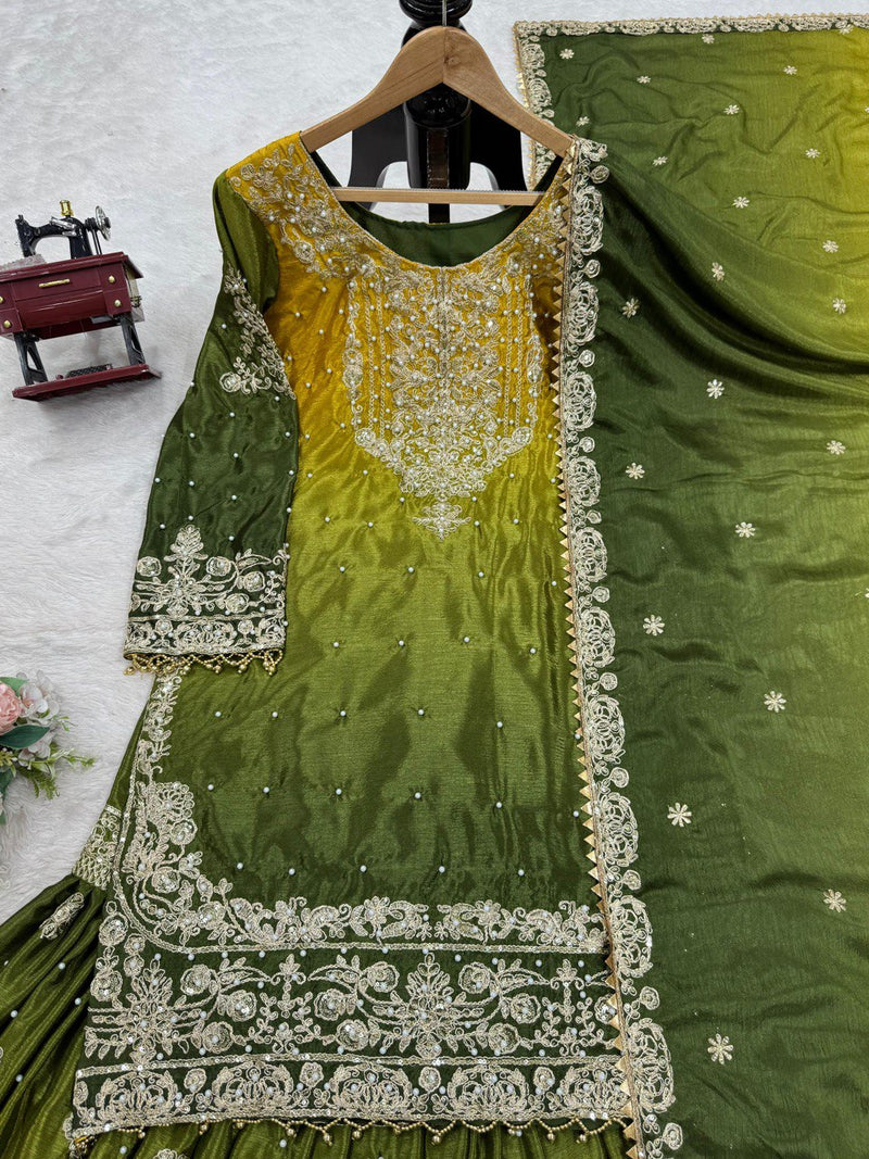 Olive Green Color Sequence Work Designer Sharara Suit