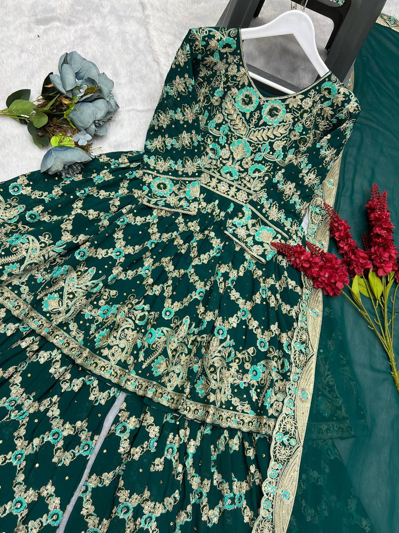 Dark Green Color Heavy Embroidered Work Georgette Sharara Suit