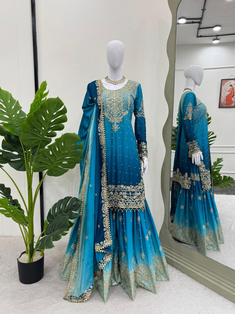 Blue Color Sequence Work Trendy Designer Sharara Suit