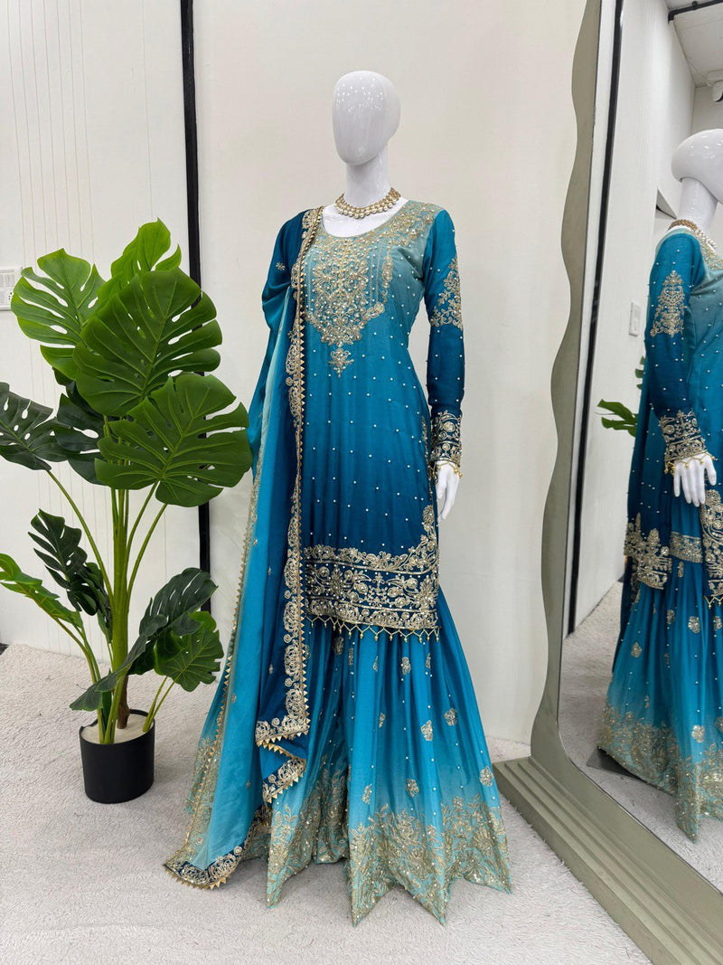 Blue Color Sequence Work Trendy Designer Sharara Suit