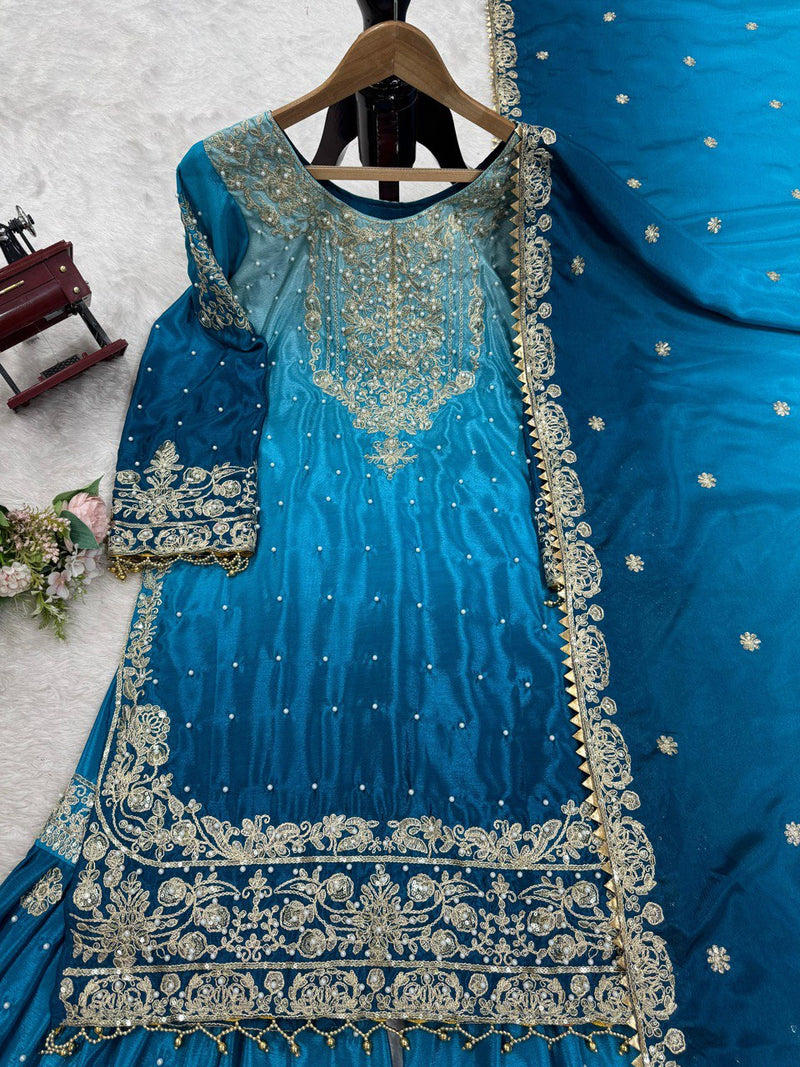 Blue Color Sequence Work Trendy Designer Sharara Suit