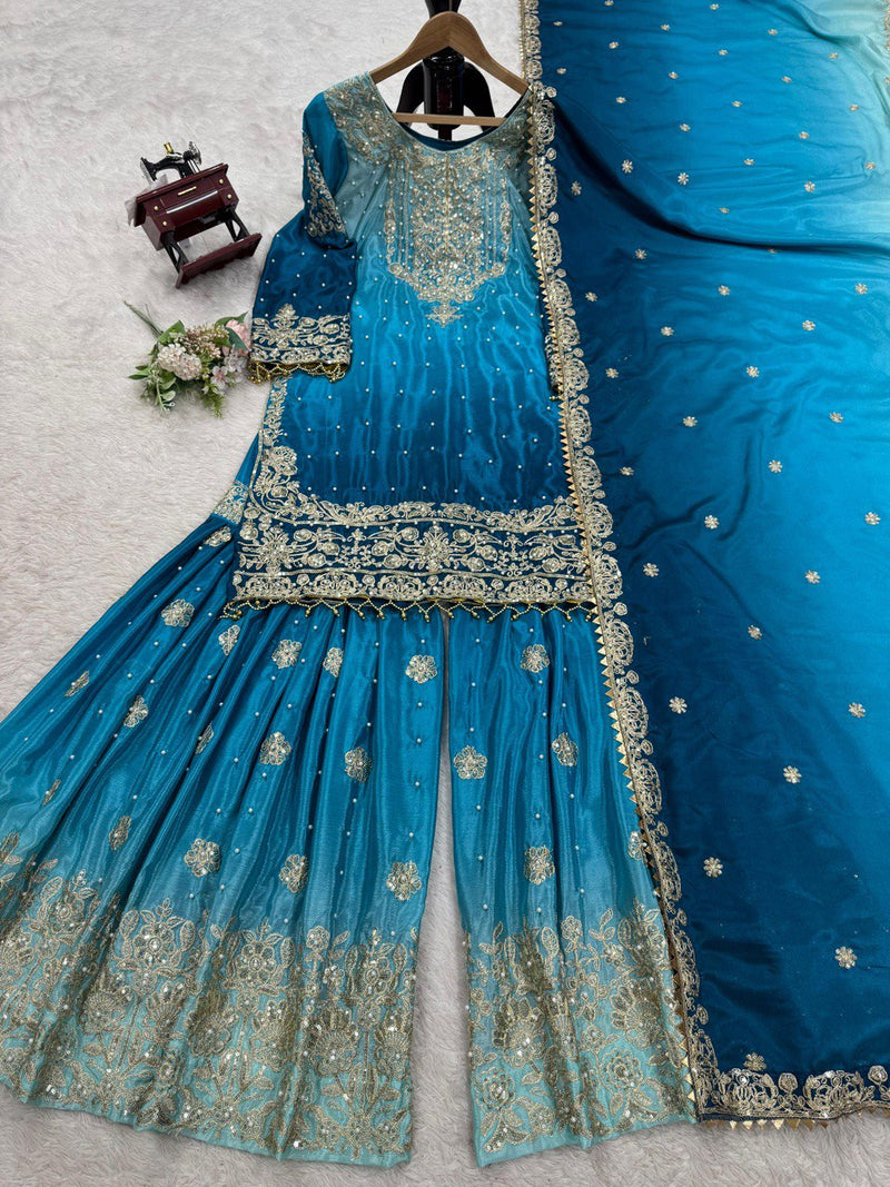 Blue Color Sequence Work Trendy Designer Sharara Suit