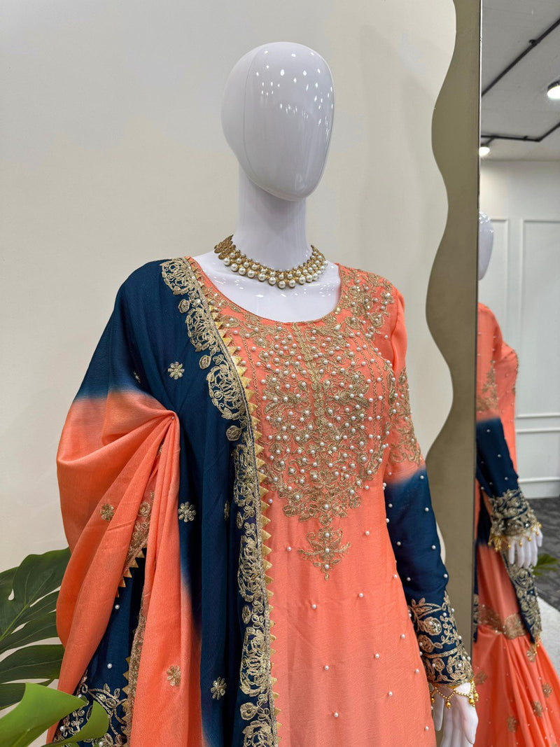 Orange - Blue Color Sequence Work Trendy Designer Sharara Suit