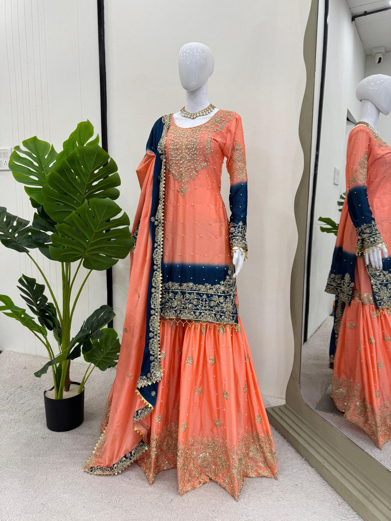 Orange - Blue Color Sequence Work Trendy Designer Sharara Suit