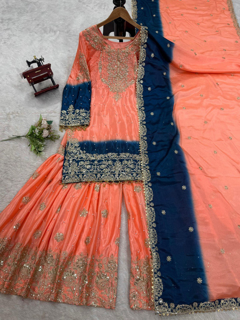 Orange - Blue Color Sequence Work Trendy Designer Sharara Suit