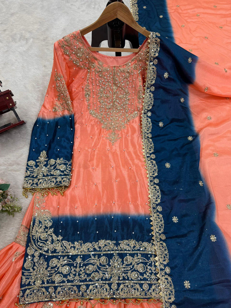 Orange - Blue Color Sequence Work Trendy Designer Sharara Suit