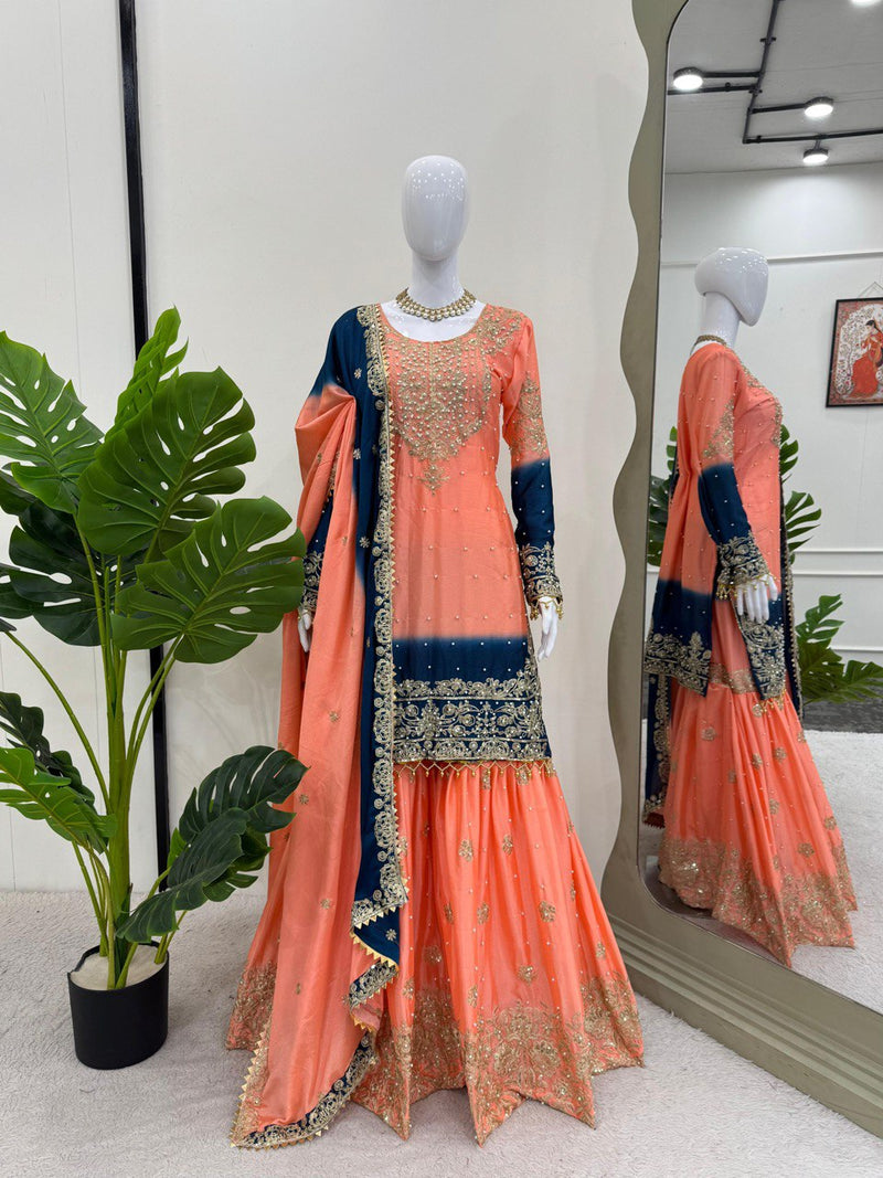 Orange - Blue Color Sequence Work Trendy Designer Sharara Suit