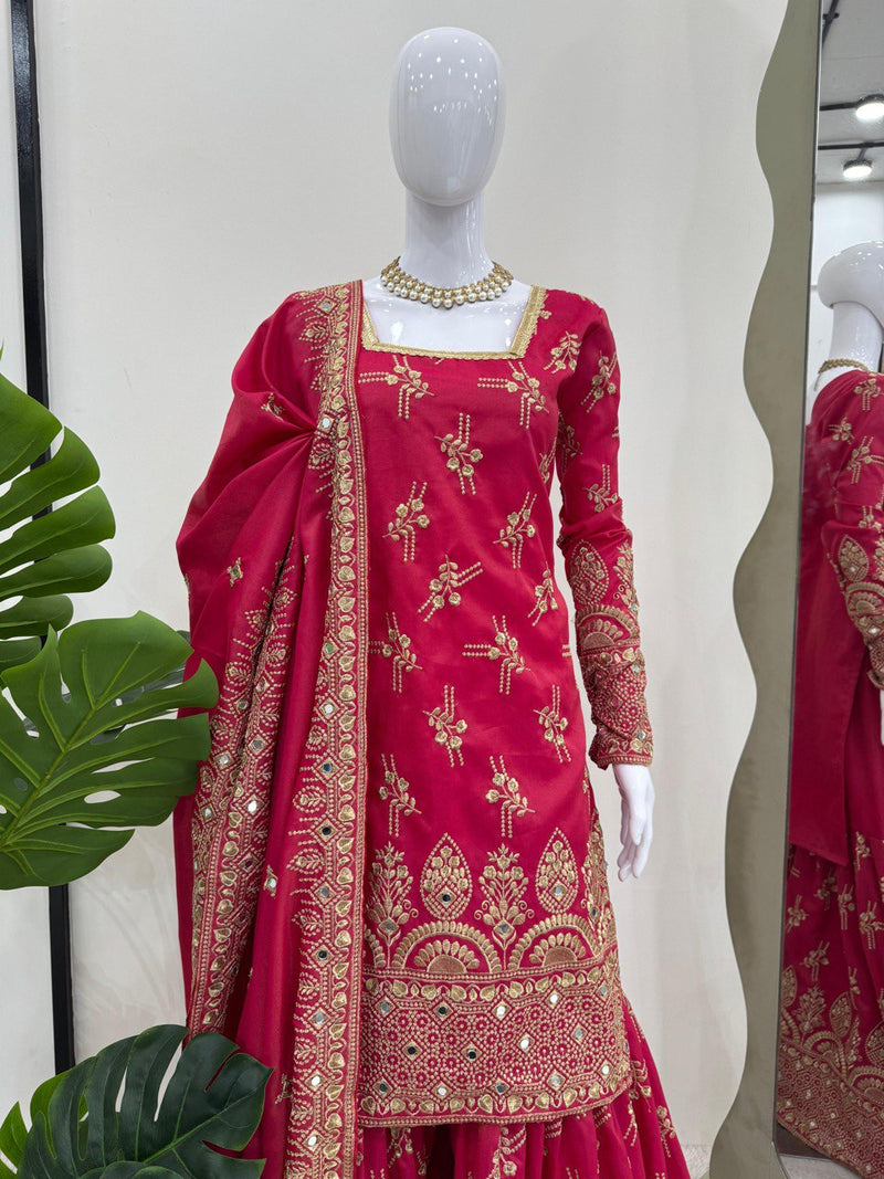 Pink Color Heavy Wedding Wear Georgette Sharara Suit