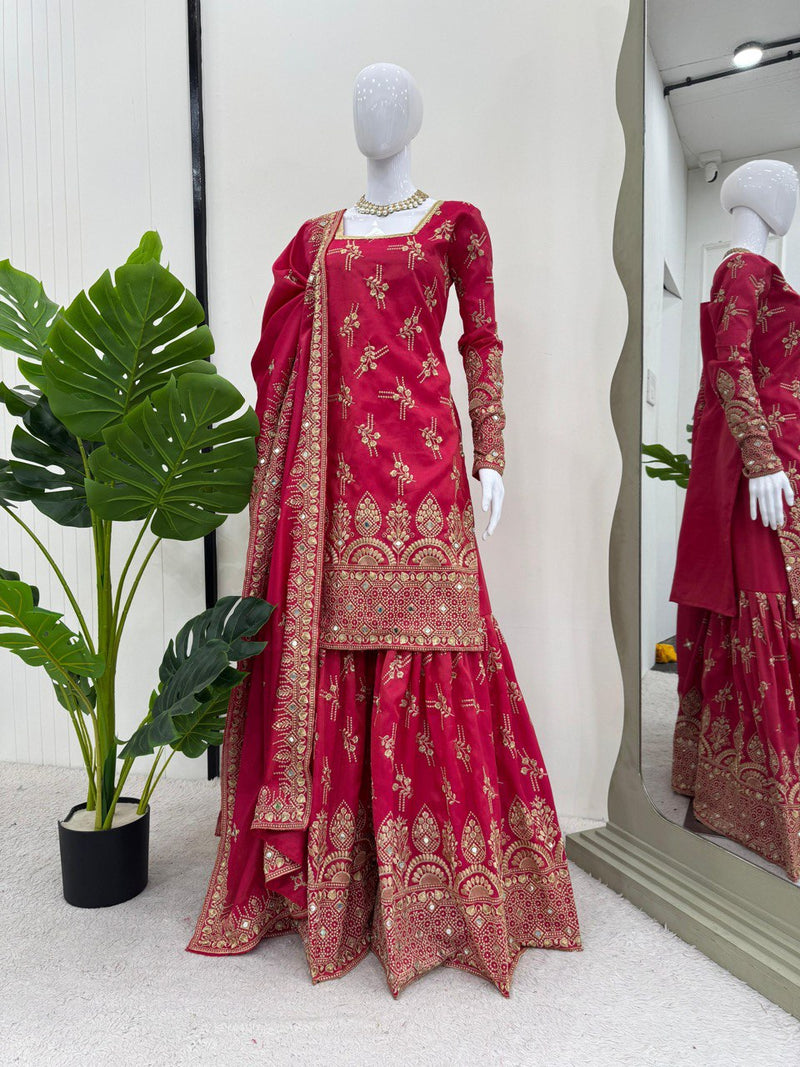 Pink Color Thread With Sequence work Sharara Suit