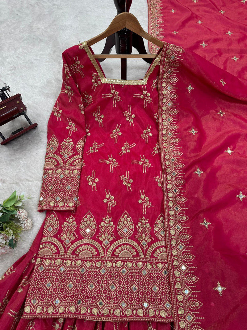 Pink Color Heavy Wedding Wear Georgette Sharara Suit