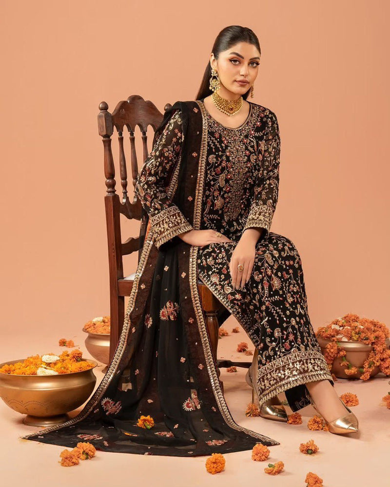 Black Color Thread With Sequins Work Georgette Sharara Suit