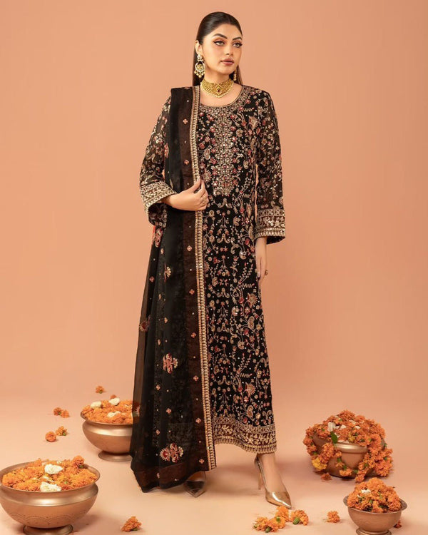 Black Color Party Wear Heavy Thread With Sequence With Real Diamond work Suit