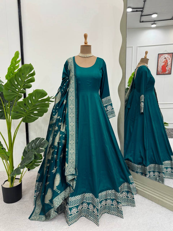 Rama Green Color Satin Silk Party Wear Trendy Gown