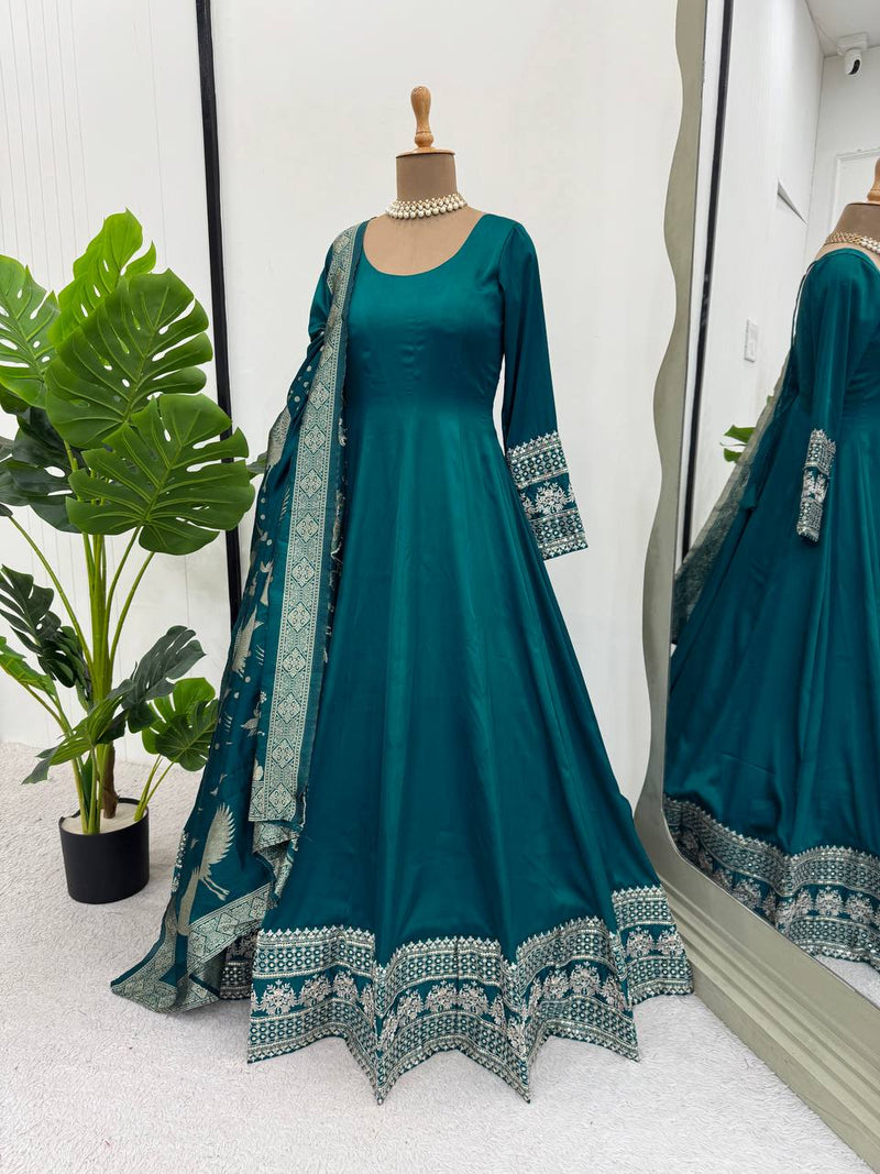 Rama Green Color Satin Silk Party Wear Trendy Gown