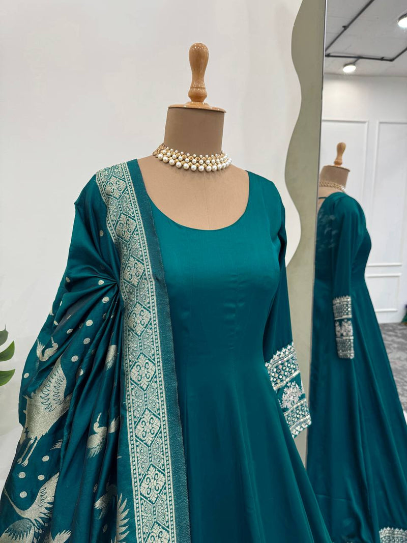 Rama Green Color Satin Silk Party Wear Trendy Gown