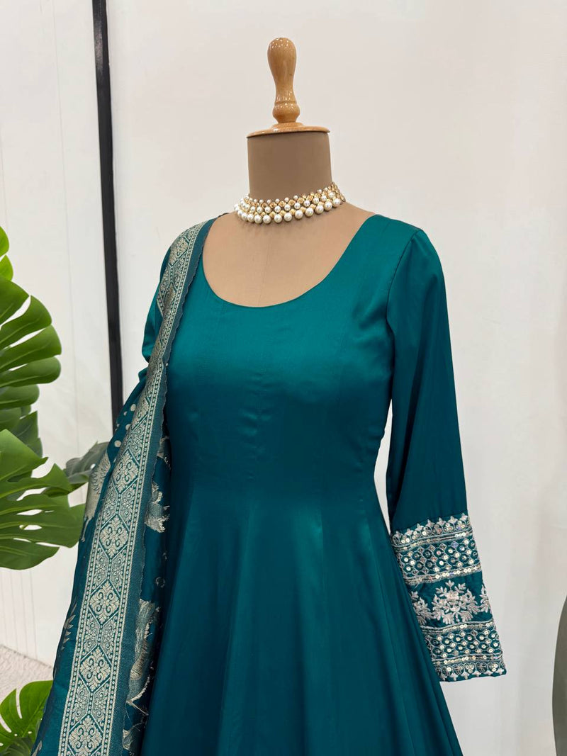 Rama Green Color Satin Silk Party Wear Trendy Gown