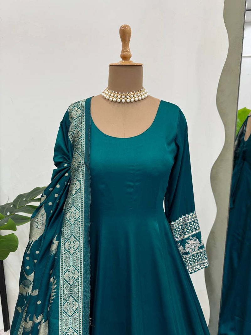 Rama Green Color Satin Silk Party Wear Trendy Gown