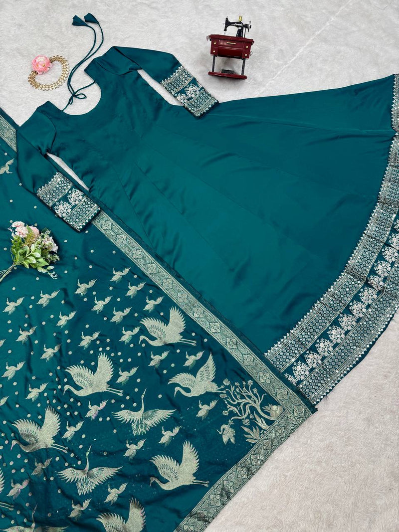 Rama Green Color Satin Silk Party Wear Trendy Gown