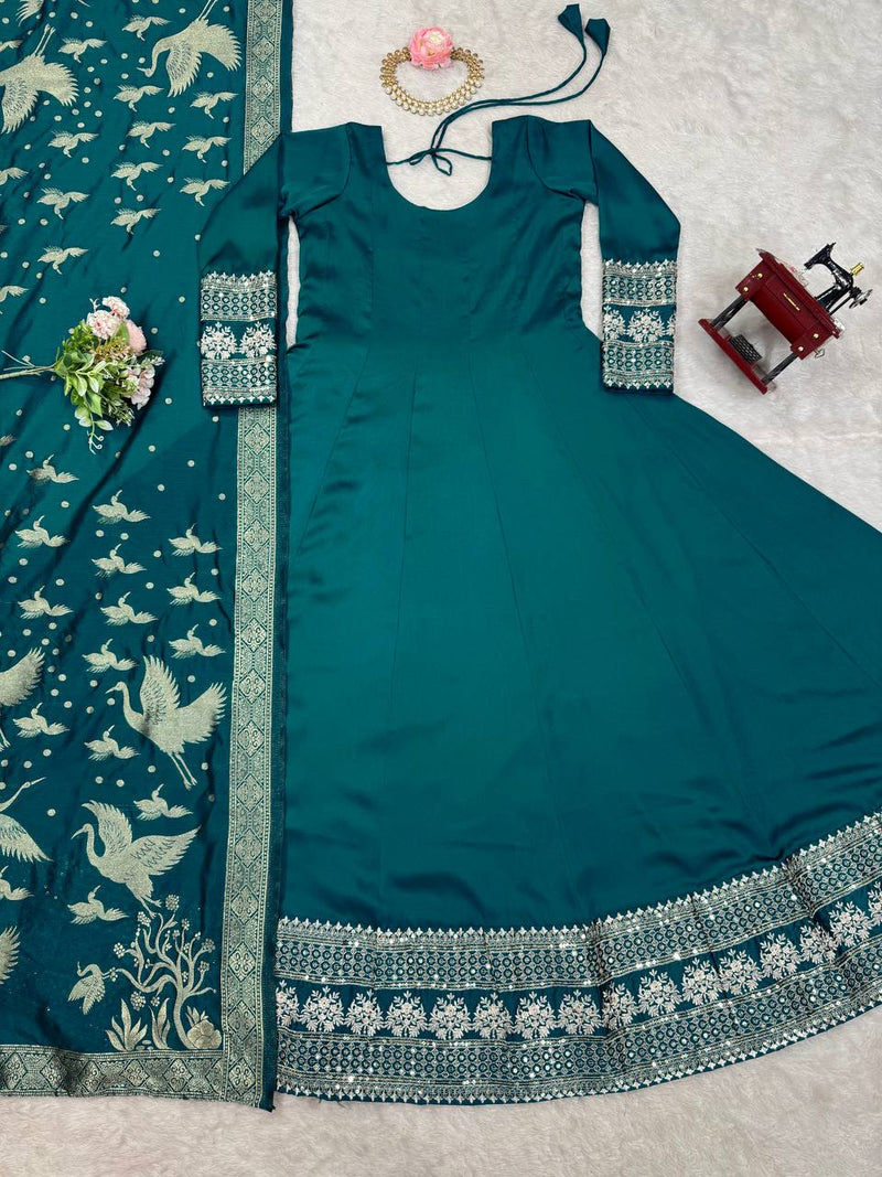 Rama Green Color Satin Silk Party Wear Trendy Gown