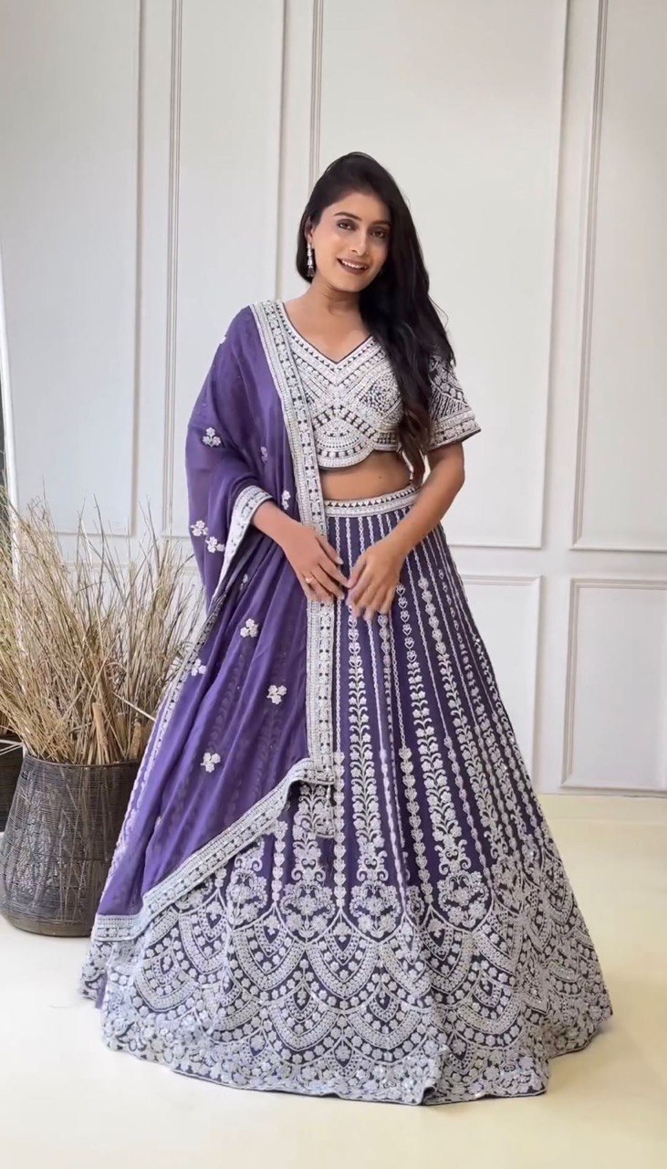 Purple Color Wedding Wear Thread With Sequins Work Georgette  Lehenga Choli