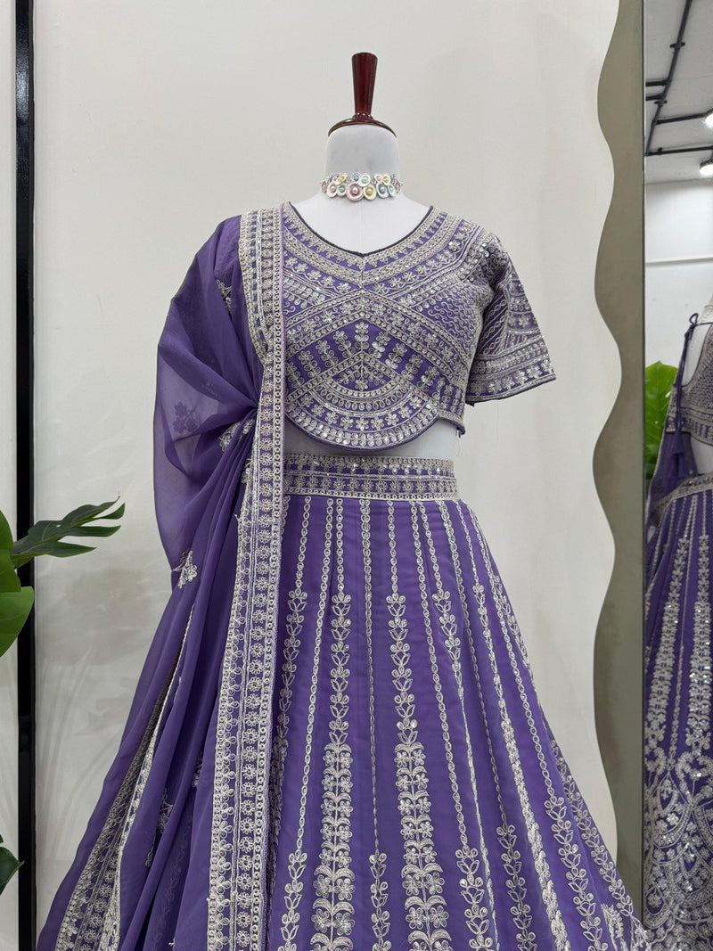 Purple Color Wedding Wear Thread With Sequins Work Georgette  Lehenga Choli