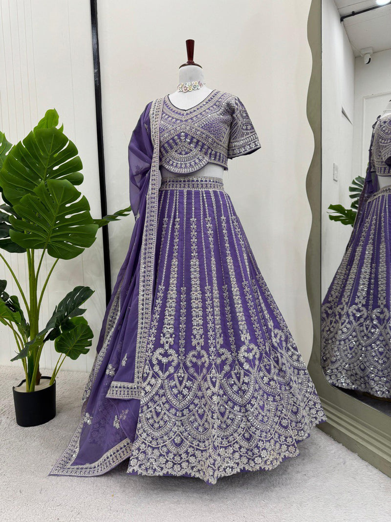 Purple Color Wedding Wear Thread With Sequins Work Georgette  Lehenga Choli