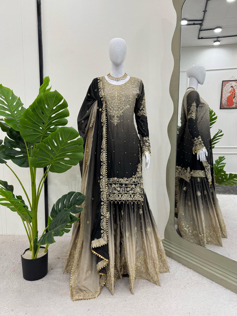 Black - Cream Color Sequence Work Trendy Designer Sharara Suit