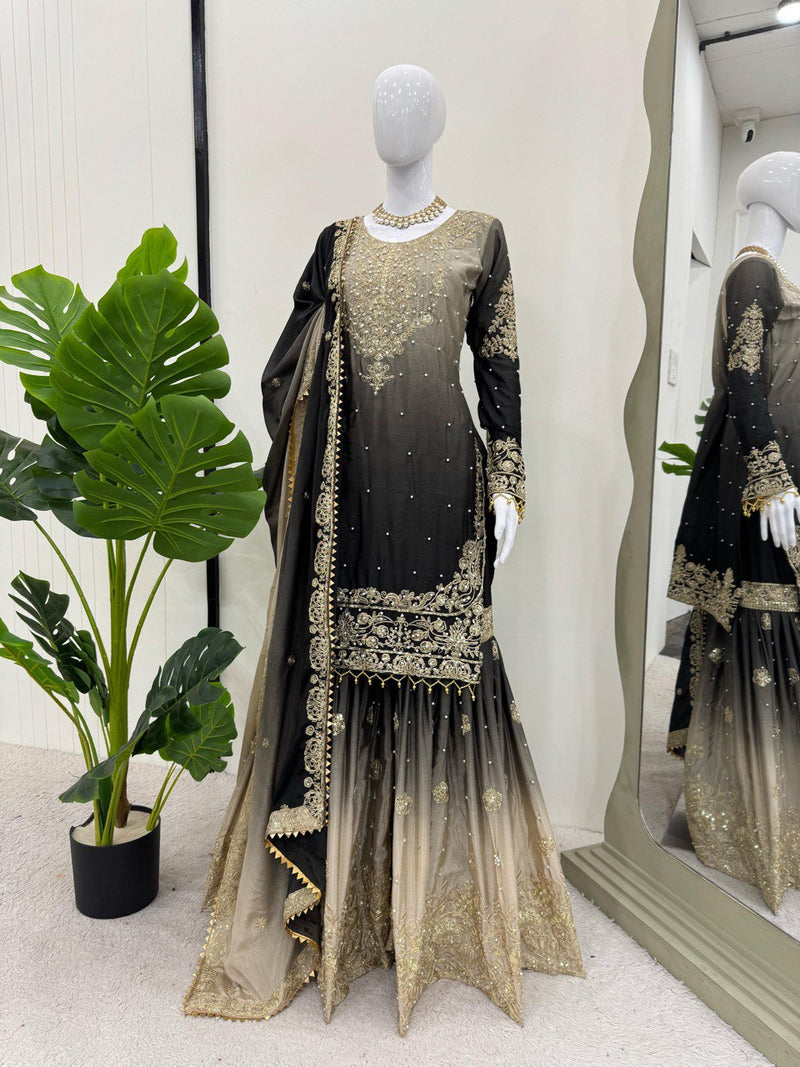 Black - Cream Color Sequence Work Trendy Designer Sharara Suit