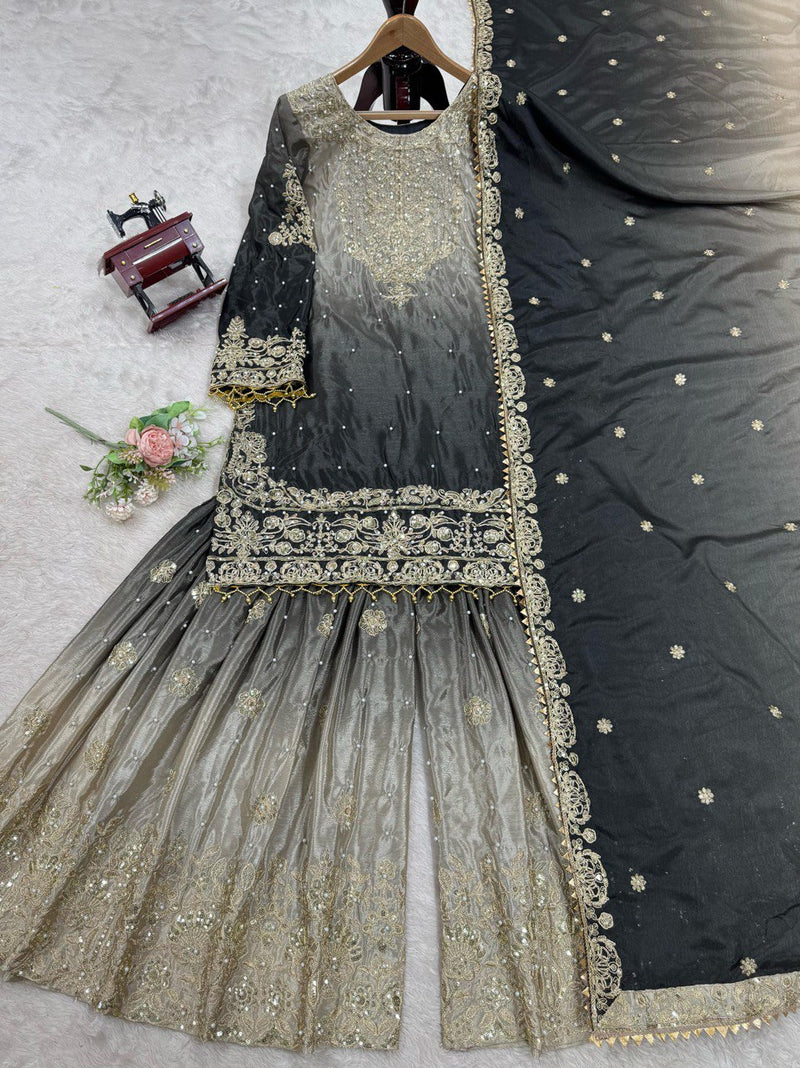 Black - Cream Color Sequence Work Trendy Designer Sharara Suit