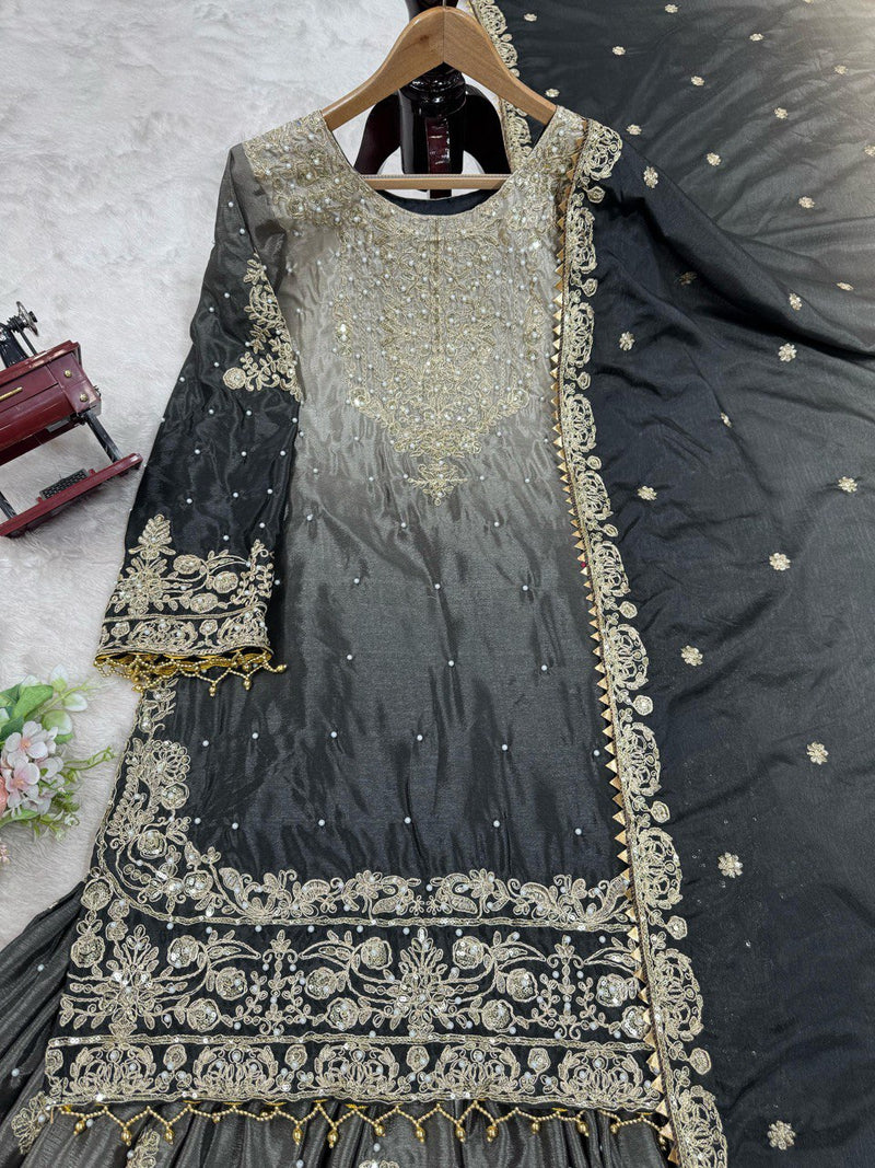 Black - Cream Color Sequence Work Trendy Designer Sharara Suit