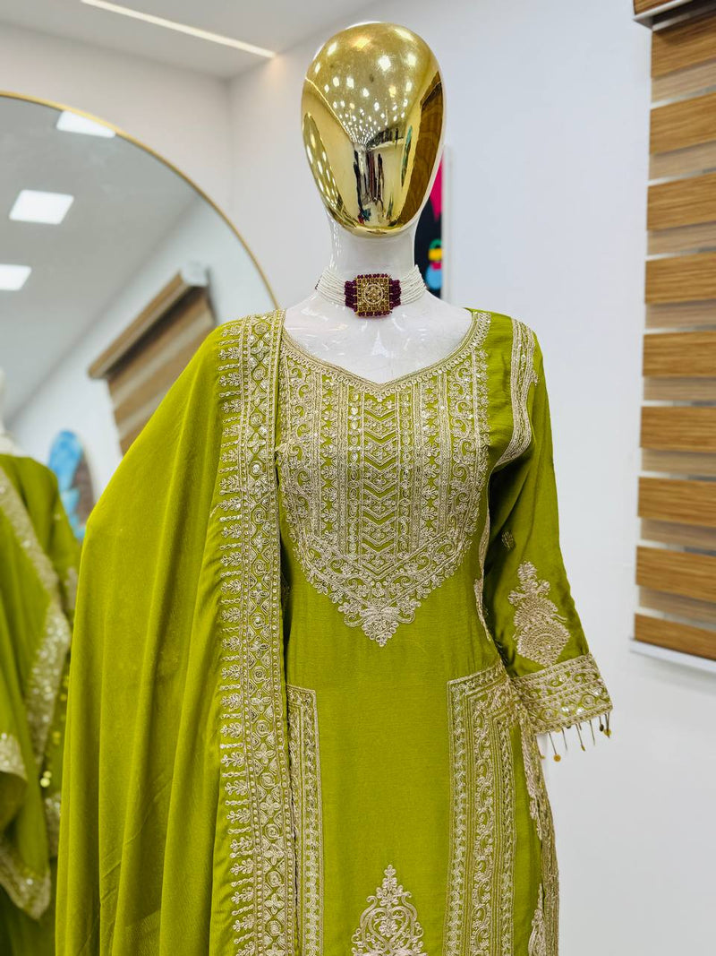 Green Color Embroidery And Coding Work Salwar Suit