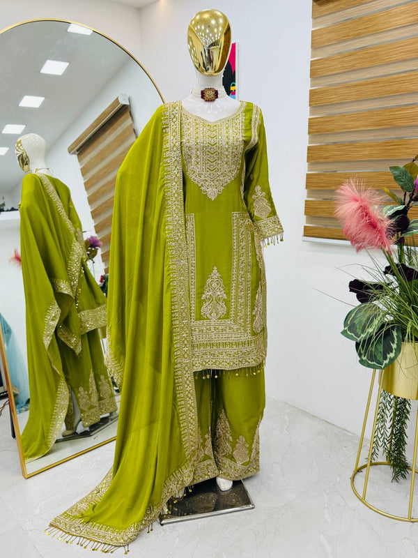 Green Color Embroidery And Coding Work Salwar Suit