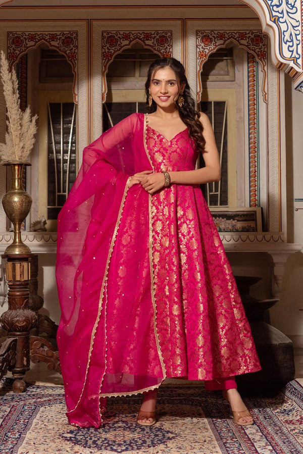 Dark Pink Color Jacquared Work Floral Anarkali Gown