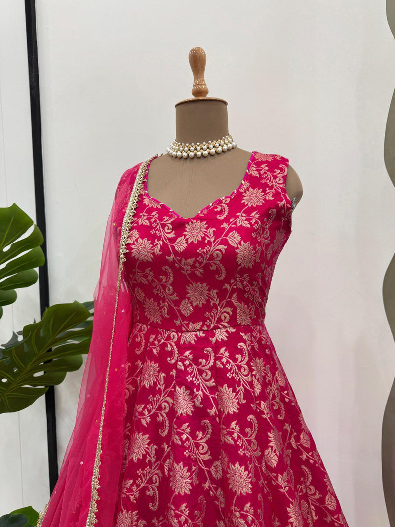 Dark Pink Color Jacquared Work Floral Anarkali Gown