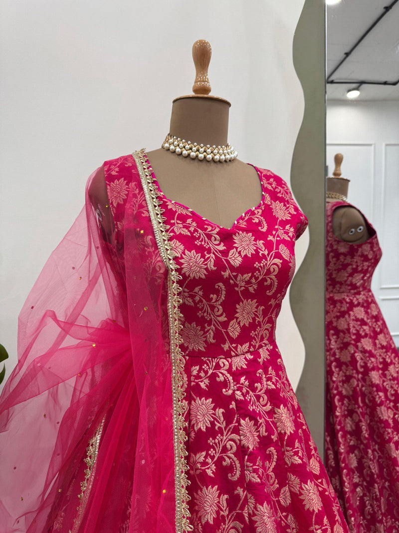 Dark Pink Color Jacquared Work Floral Anarkali Gown