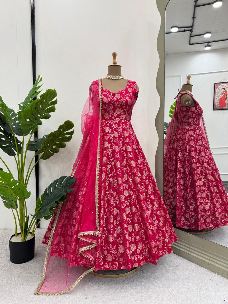 Dark Pink Color Jacquared Work Floral Anarkali Gown