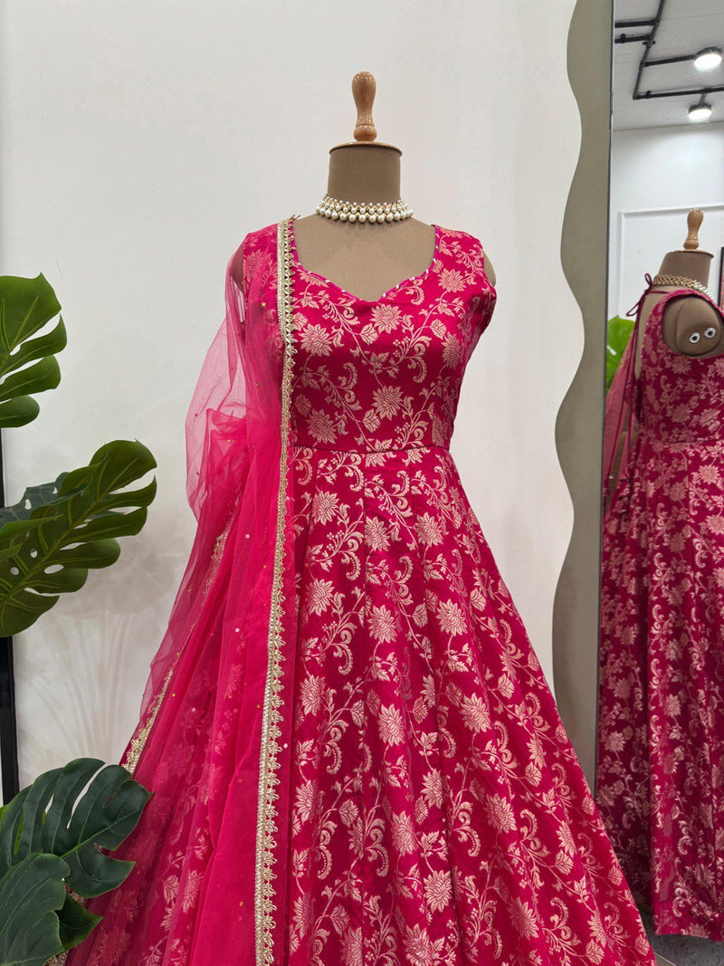 Dark Pink Color Jacquared Work Floral Anarkali Gown