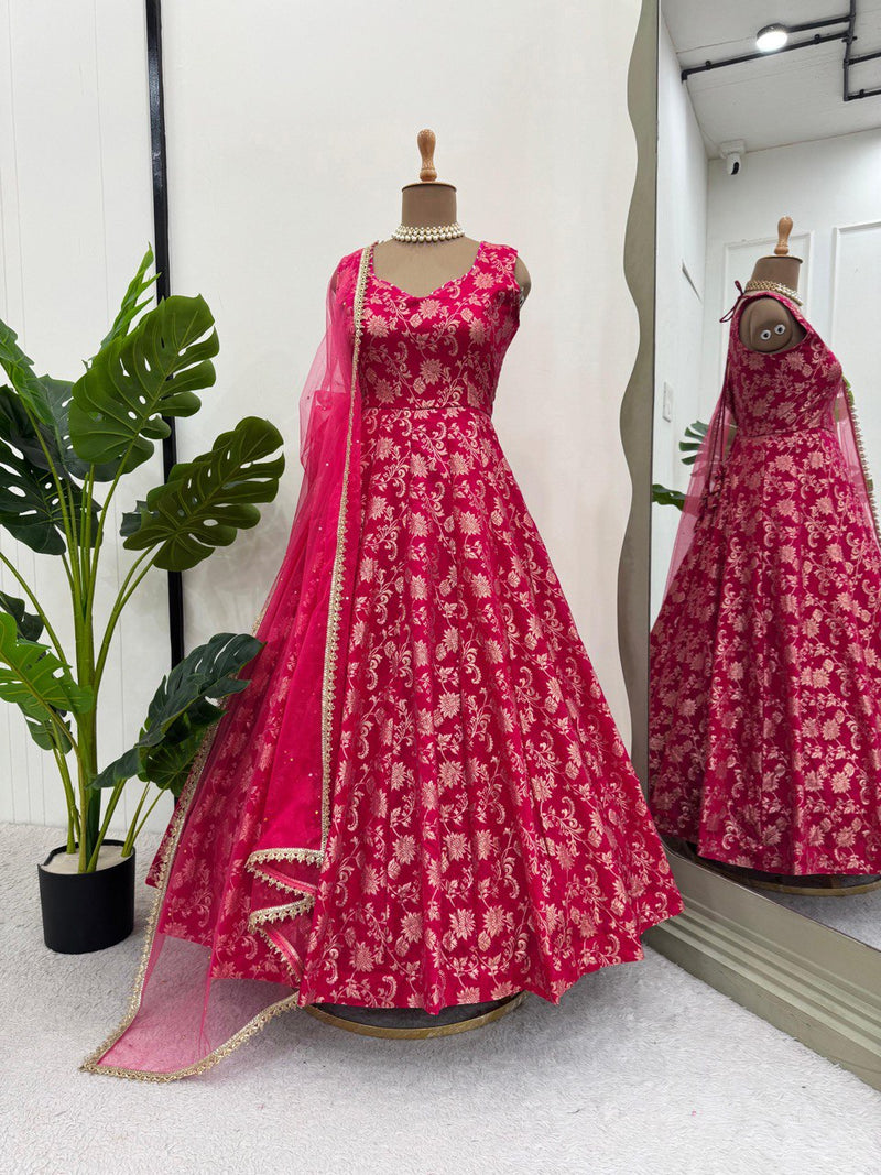 Dark Pink Color Jacquared Work Floral Anarkali Gown