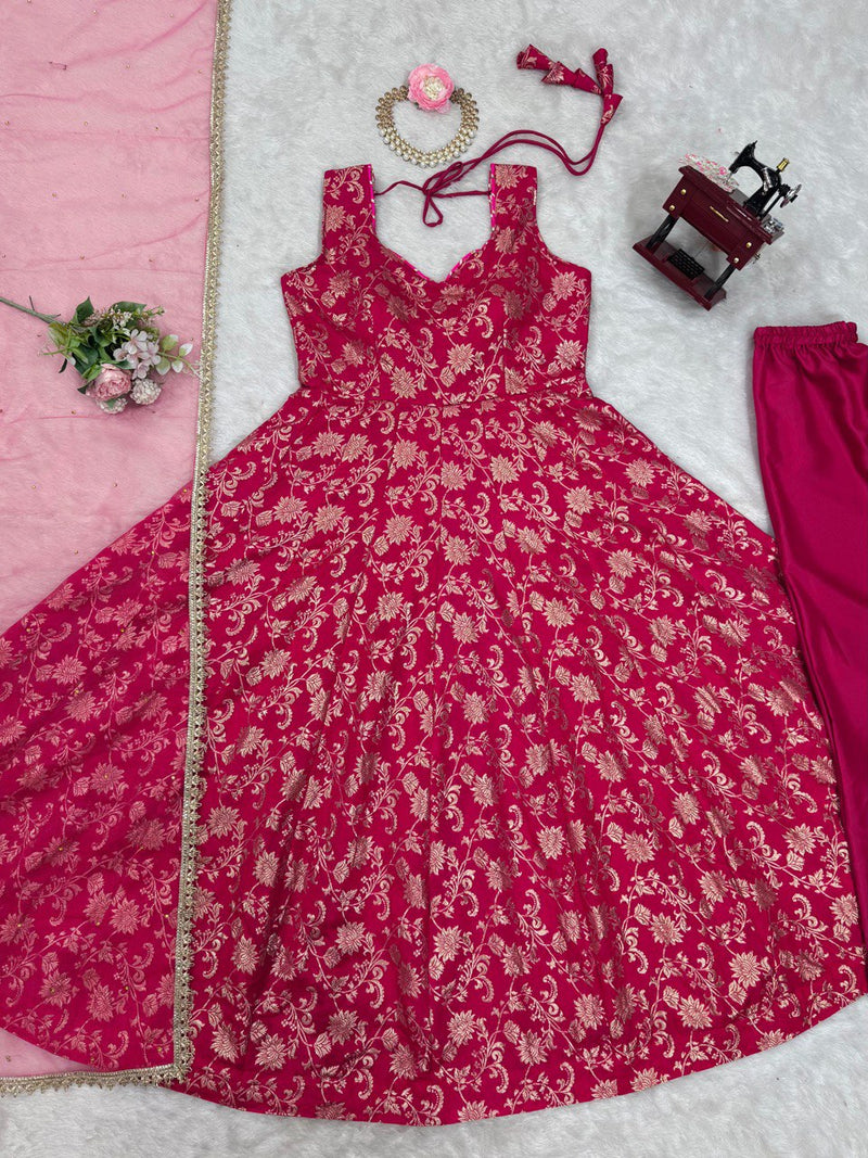 Dark Pink Color Jacquared Work Floral Anarkali Gown