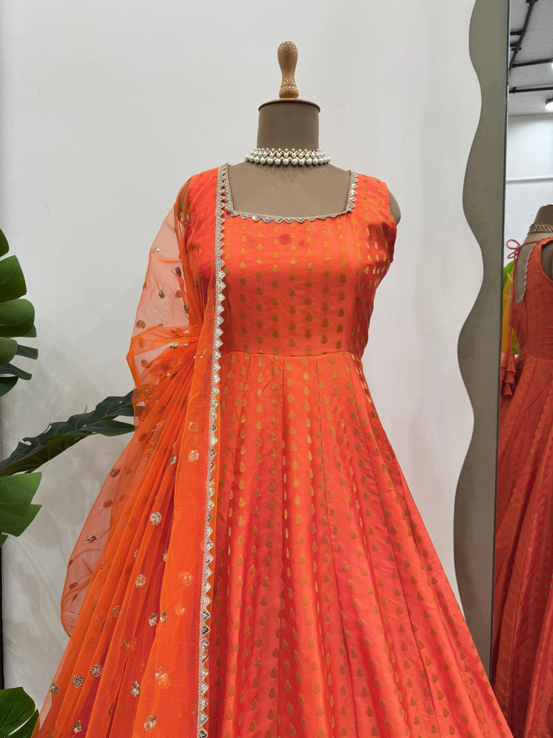 Orange Color Jacquared Designer Anarkali Gown