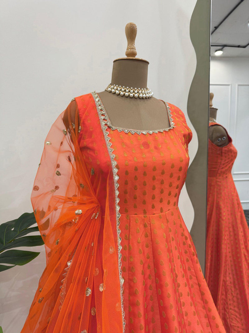 Orange Color Jacquared Designer Anarkali Gown