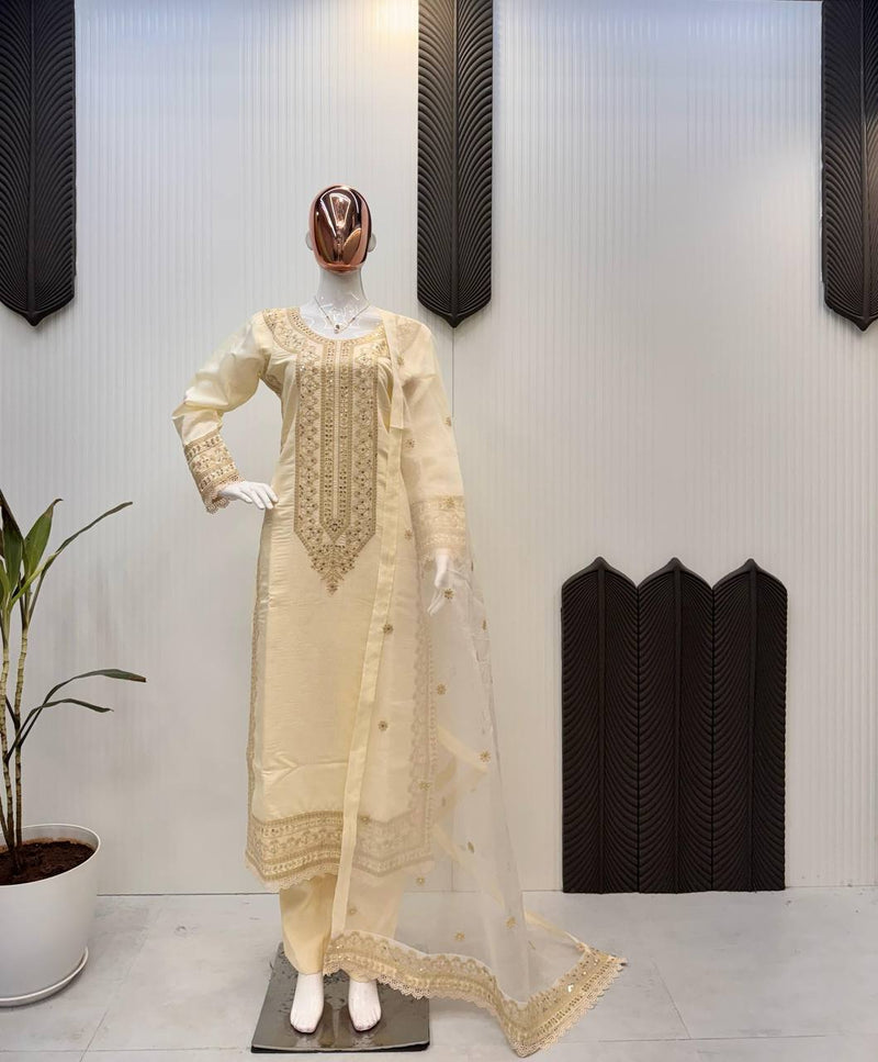 Off White Color  Embroidery and Sequence  Work Salwar Suit