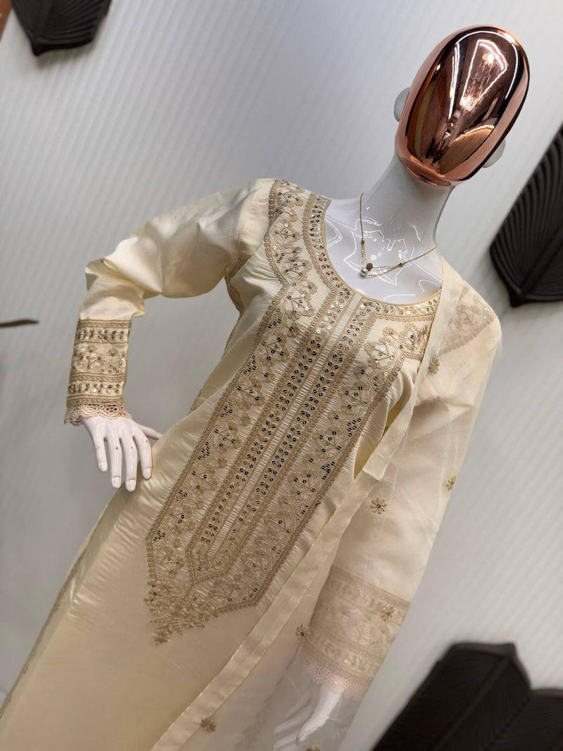 Off White Color  Embroidery and Sequence  Work Salwar Suit