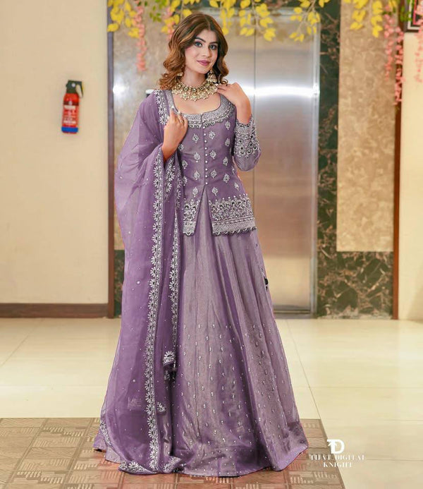 Lavender Color Embroidery Designer Wedding Wear Lehenga Set