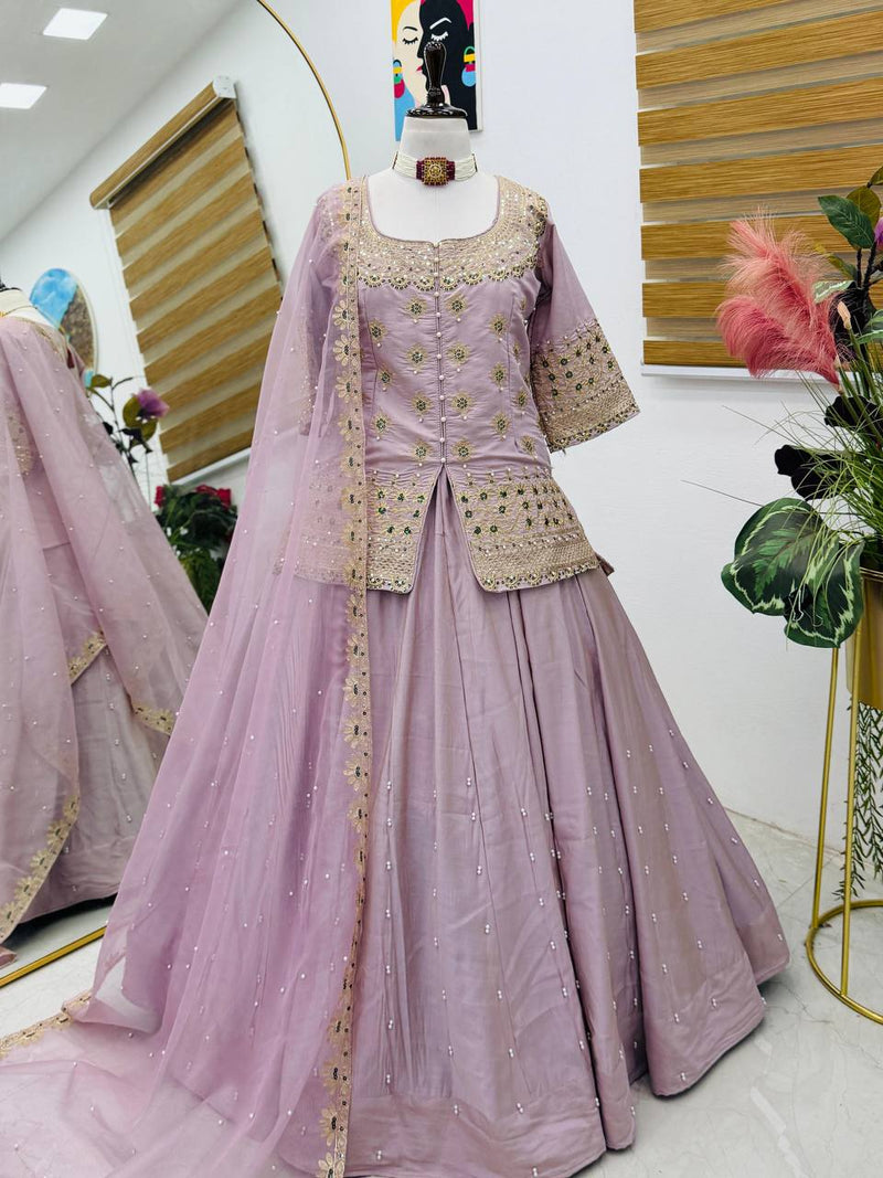 Lavender Color Embroidery Designer Wedding Wear Lehenga Set