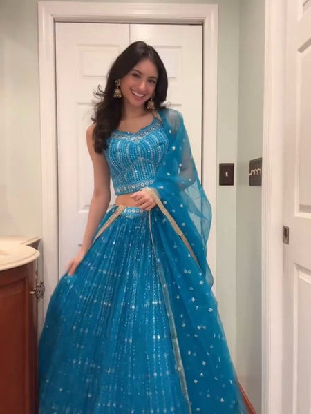 Blue Color Wedding Wear Thread With Sequins Work Georgette  Lehenga Choli