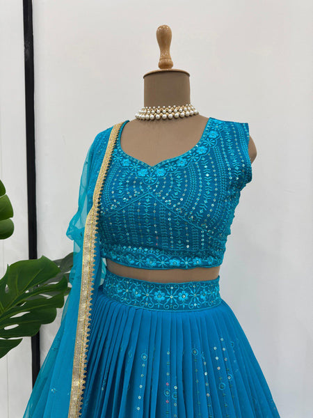 Blue Color Wedding Wear Thread With Sequins Work Georgette  Lehenga Choli