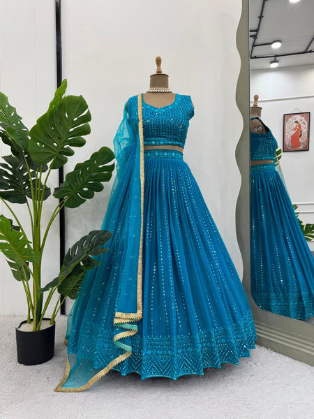 Blue Color Wedding Wear Thread With Sequins Work Georgette  Lehenga Choli