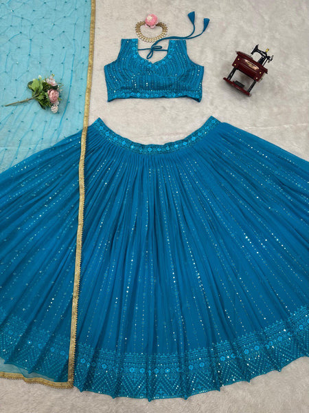 Blue Color Wedding Wear Thread With Sequins Work Georgette  Lehenga Choli