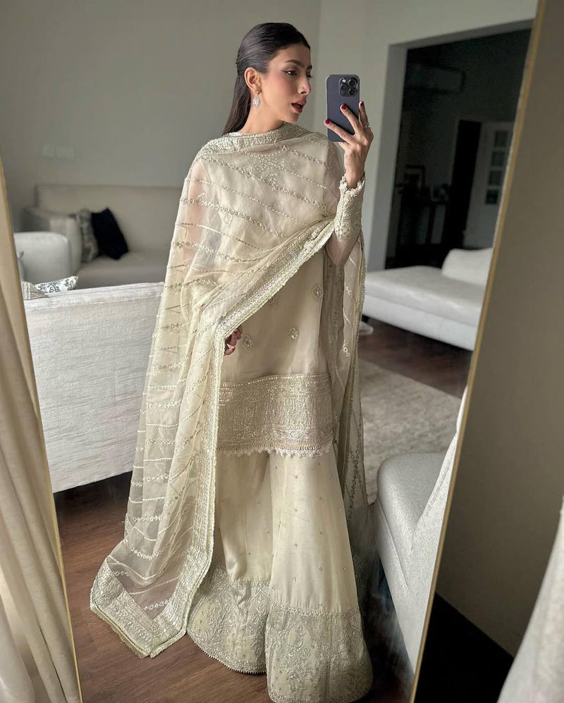 Off White Color Real Mirror and Sequins Embroidery Work Sharara Suit